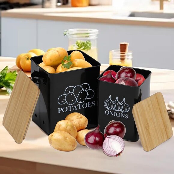 Potato Storage Onion Storage, 2 Piece Vegetable Storage Bins w/ Bamboo Lids - Picture 2 of 2